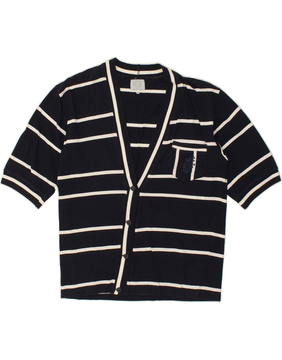 BENETTON Womens Short Sleeve Cardigan Sweater UK 14 Medium Navy Blue Vintage Benetton and Second-Hand Benetton from Messina Hembry 