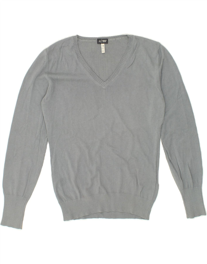 ARMANI JEANS Womens V-Neck Jumper Sweater EU 44 Large Grey Cotton Vintage Armani Jeans and Second-Hand Armani Jeans from Messina Hembry 