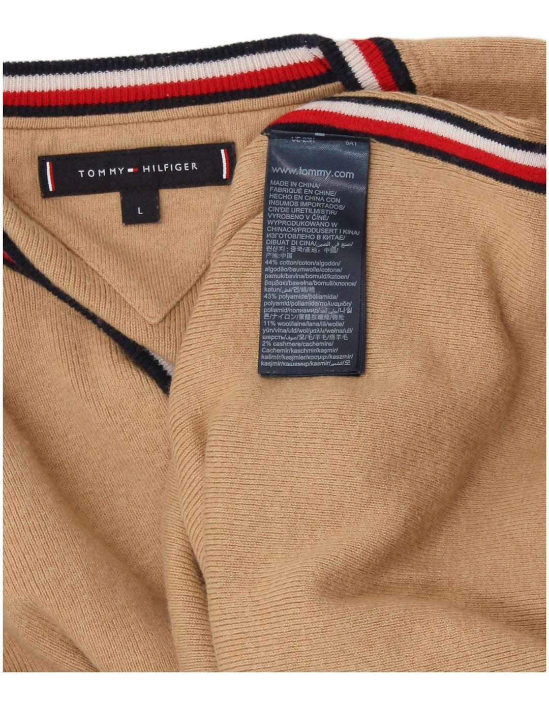 TOMMY HILFIGER Mens Crew Neck Jumper Sweater Large Beige Cotton