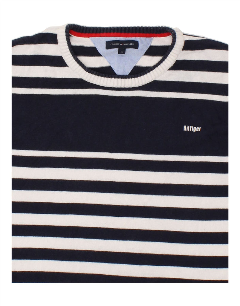 TOMMY HILFIGER Boys Crew Neck Jumper Sweater 15-16 Years Navy Blue Striped Vintage Tommy Hilfiger and Second-Hand Tommy Hilfiger from Messina Hembry 