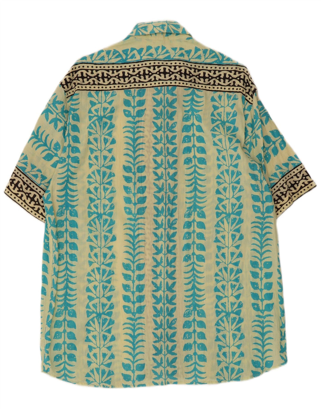 Vintage Mens Abstract Pattern Short Sleeve Shirt XL Blue Cotton Ethnic