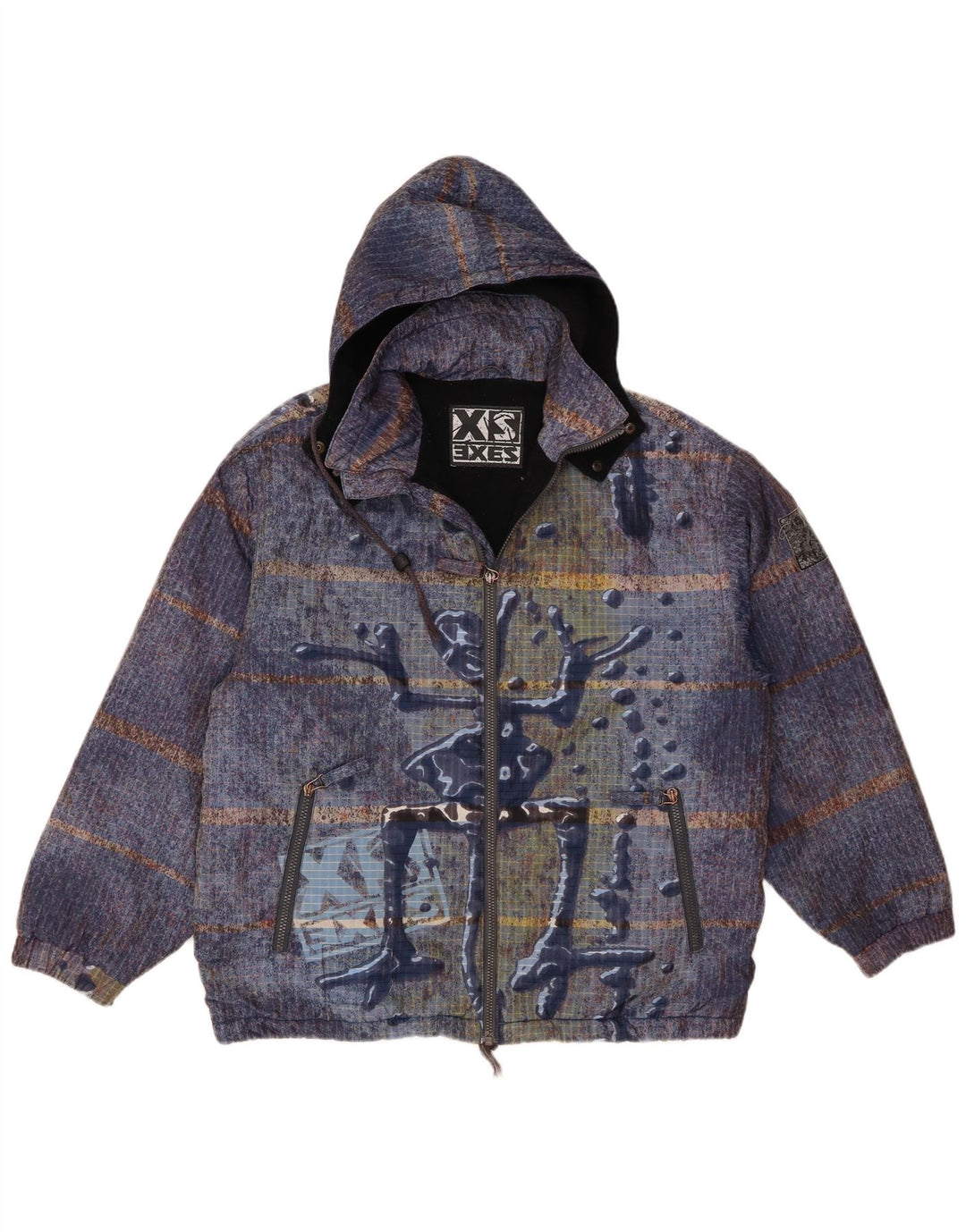 XS Exes Mens Abstract Pattern Hooded Windbreaker Jacket UK 40 Large Blue