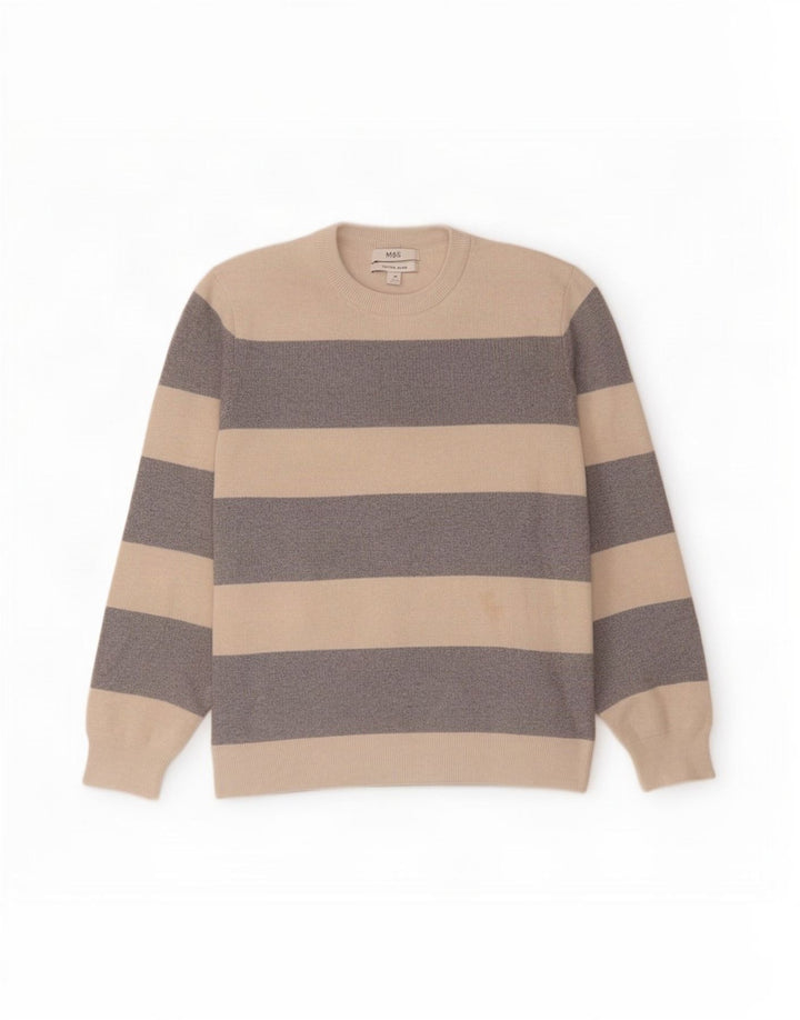 Marks & Spencer Womens Crew Neck Jumper Sweater UK 14 Medium Beige Striped