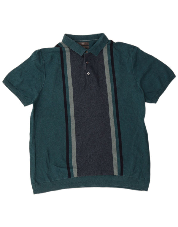 Marks & Spencer Mens Short Sleeve Polo Neck Jumper Sweater XL Green Striped