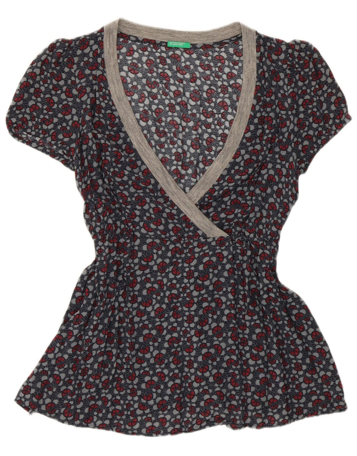 Benetton Womens Blouse Top UK 10 Small Grey Floral