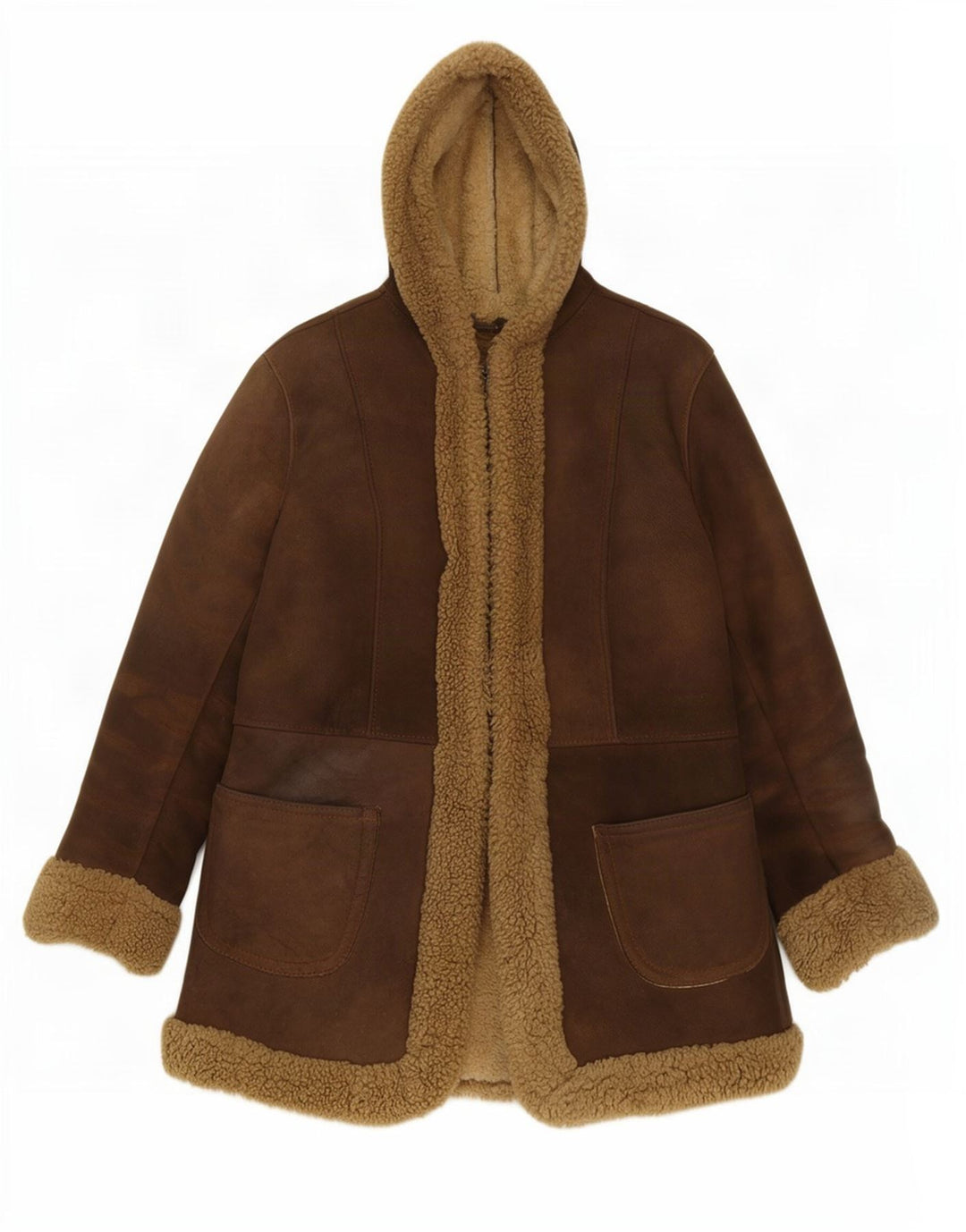 Vintage Womens Hooded Shearling Jacket UK 10 Small Brown Leather