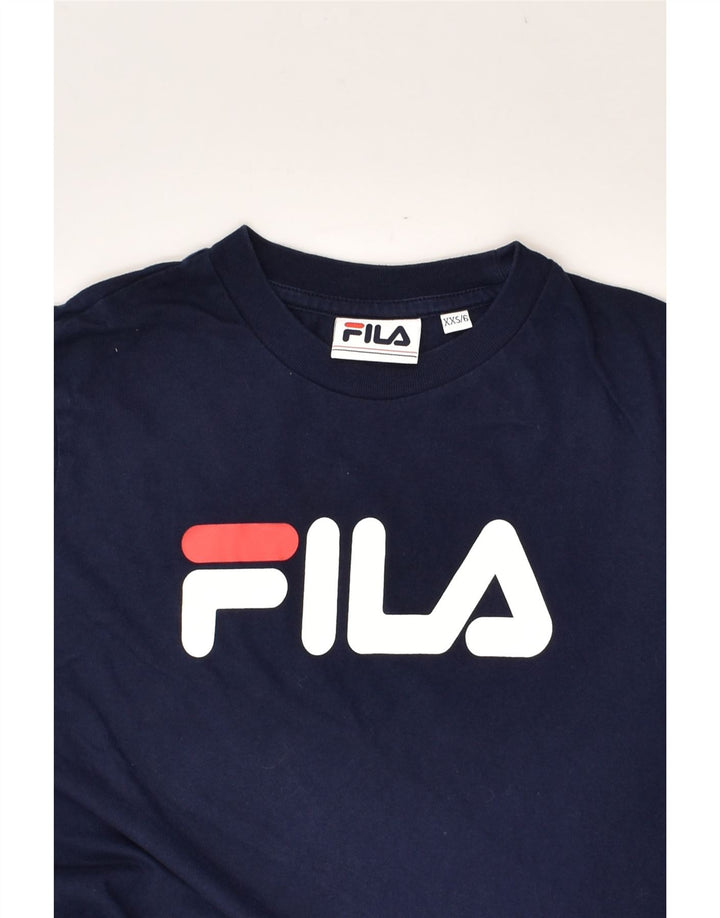 FILA Womens Graphic Top Long Sleeve UK 2 2XS Navy Blue Cotton | Vintage Fila | Thrift | Second-Hand Fila | Used Clothing | Messina Hembry 