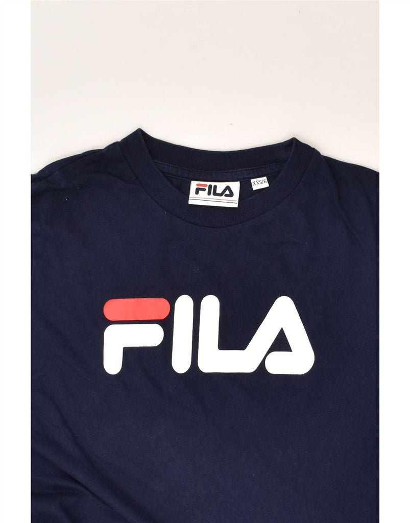 FILA Womens Graphic Top Long Sleeve UK 2 2XS Navy Blue Cotton | Vintage Fila | Thrift | Second-Hand Fila | Used Clothing | Messina Hembry 