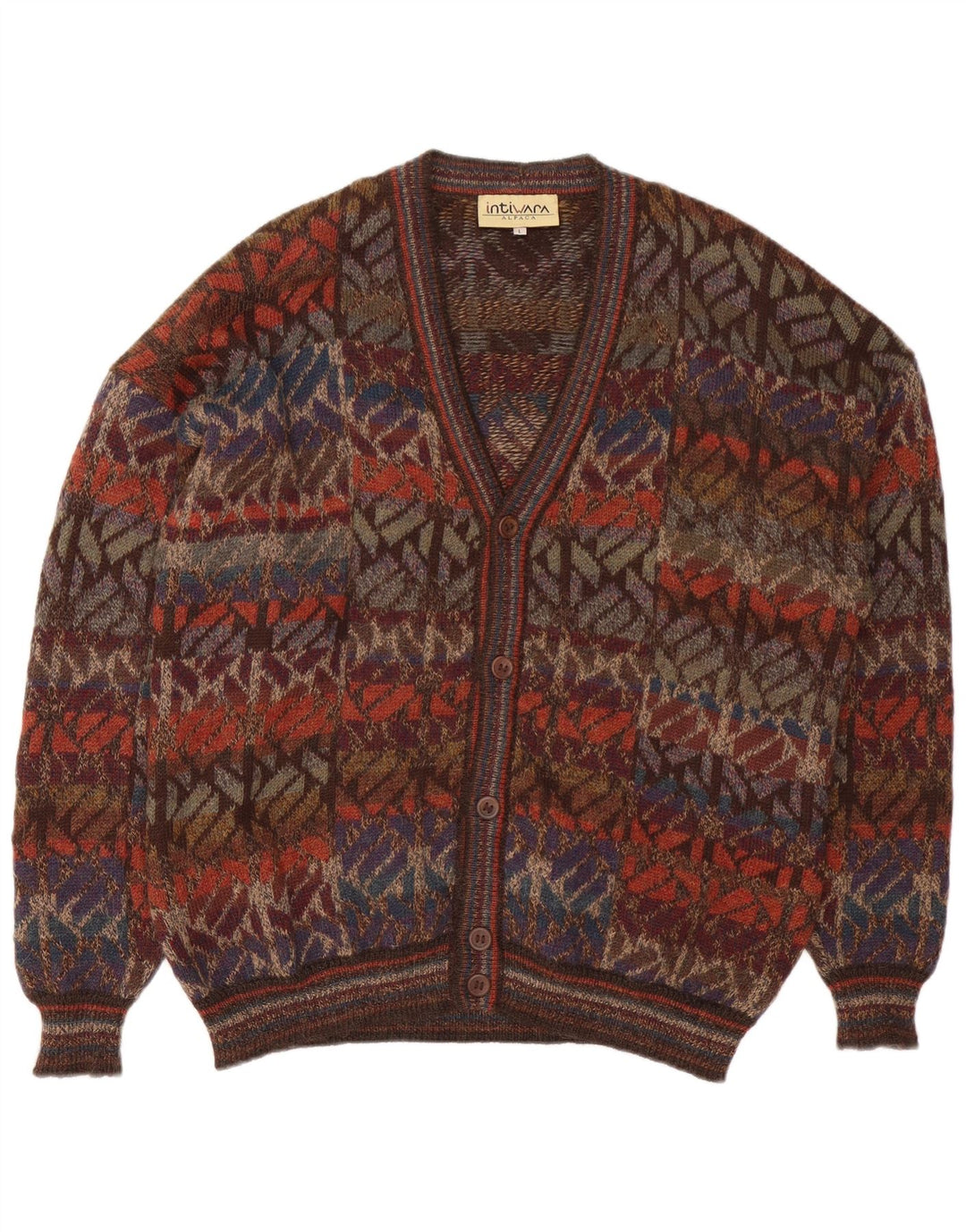 Intiwara Mens Cardigan Sweater Large Multicoloured Geometric Alpaca Wool