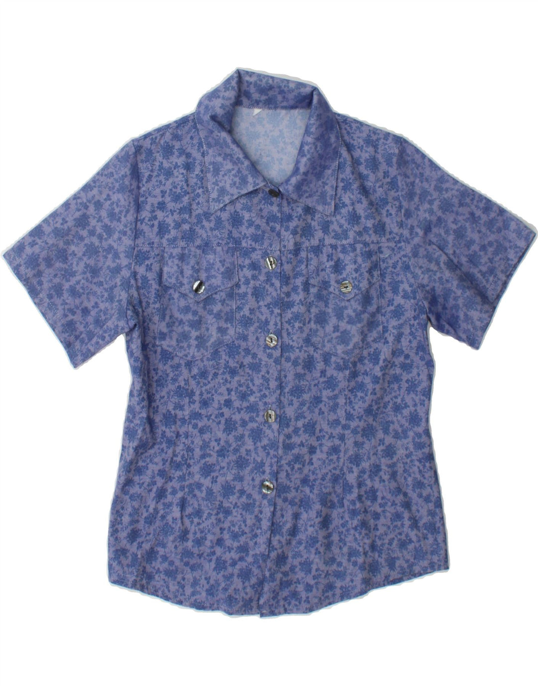 VINTAGE Womens Short Sleeve Shirt UK 12 Medium Blue Floral Vintage Vintage and Second-Hand Vintage from Messina Hembry 