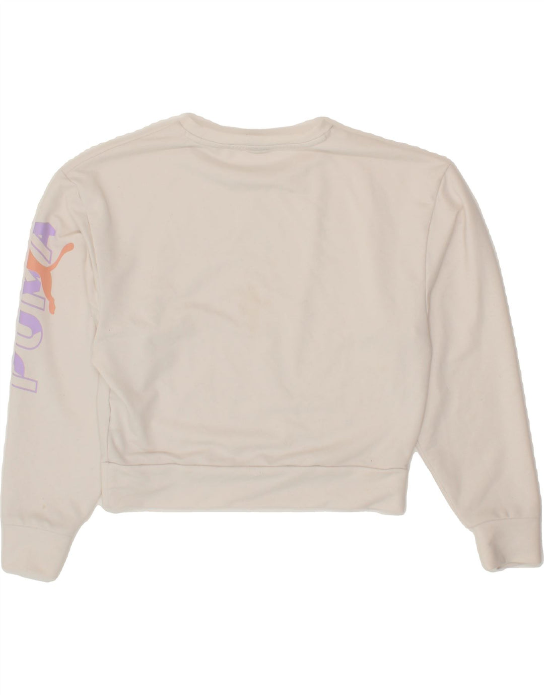PUMA Womens Oversized Graphic Crop Sweatshirt Jumper UK 6 XS White Vintage Puma and Second-Hand Puma from Messina Hembry 