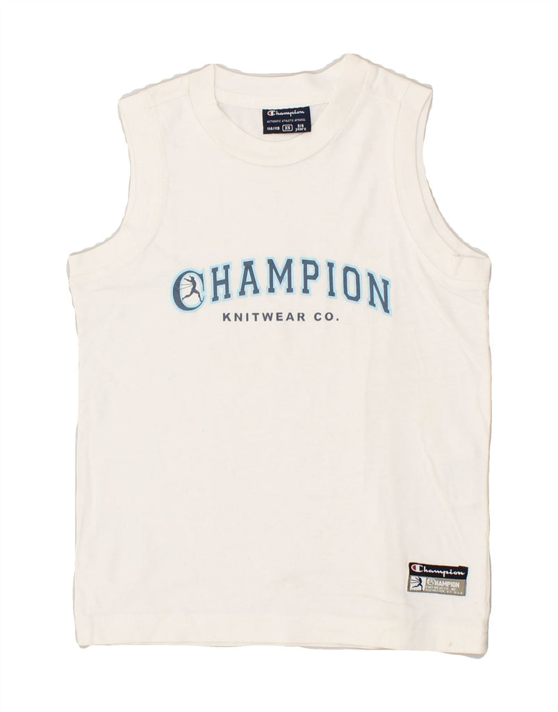 CHAMPION Boys Graphic Vest Top 5-6 Years XS White Cotton | Vintage Champion | Thrift | Second-Hand Champion | Used Clothing | Messina Hembry 