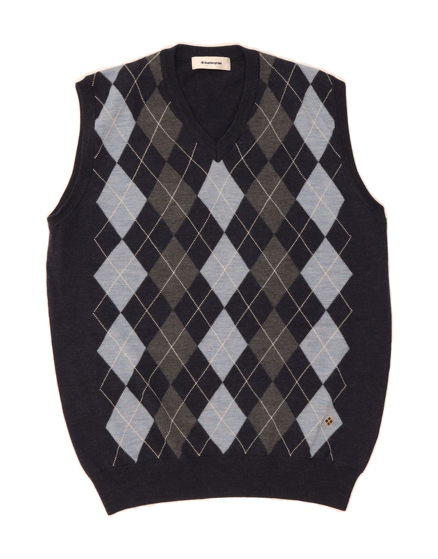 BURLINGTON Mens Vest Tank Top IT 56 2XL Navy Blue Argyle/Diamond Wool Vintage Burlington and Second-Hand Burlington from Messina Hembry 