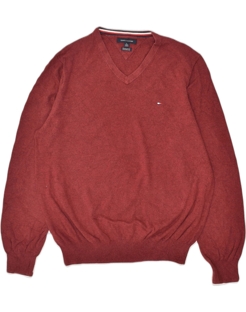 TOMMY HILFIGER Mens V-Neck Jumper Sweater XL Burgundy Cotton | Vintage Tommy Hilfiger | Thrift | Second-Hand Tommy Hilfiger | Used Clothing | Messina Hembry 