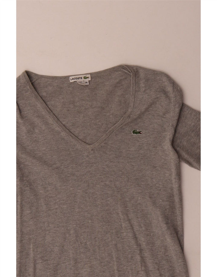 Lacoste Womens V-Neck Jumper Sweater Size 36 Small Grey Flecked Cotton