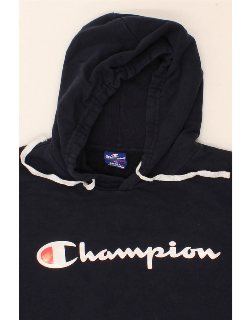 CHAMPION Mens Graphic Hoodie Jumper Small Navy Blue Cotton | Vintage Champion | Thrift | Second-Hand Champion | Used Clothing | Messina Hembry 