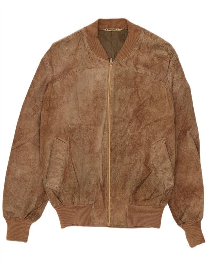MONPEL Mens Suede Bomber Jacket IT 46 Small Brown Leather
