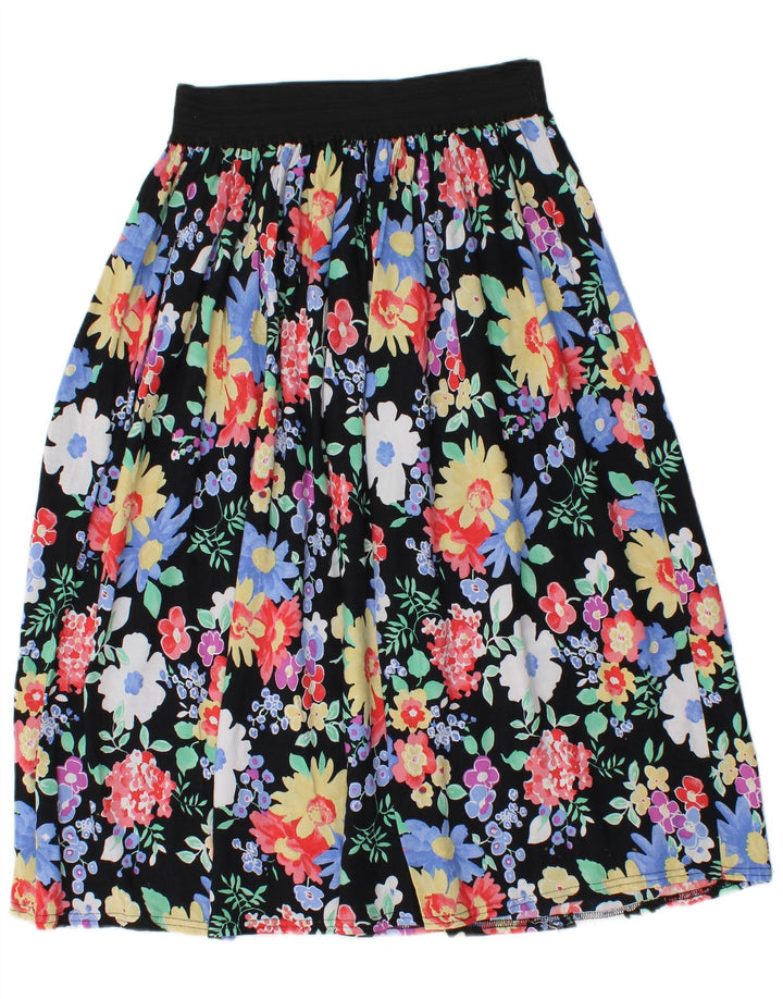 Vintage Womens Midi Skirt W28 Medium  Black Floral Viscose