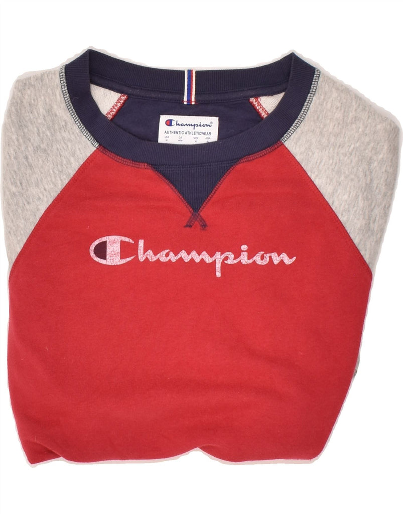 CHAMPION Womens Graphic Sweatshirt Jumper UK 14 Medium Red Colourblock | Vintage Champion | Thrift | Second-Hand Champion | Used Clothing | Messina Hembry 