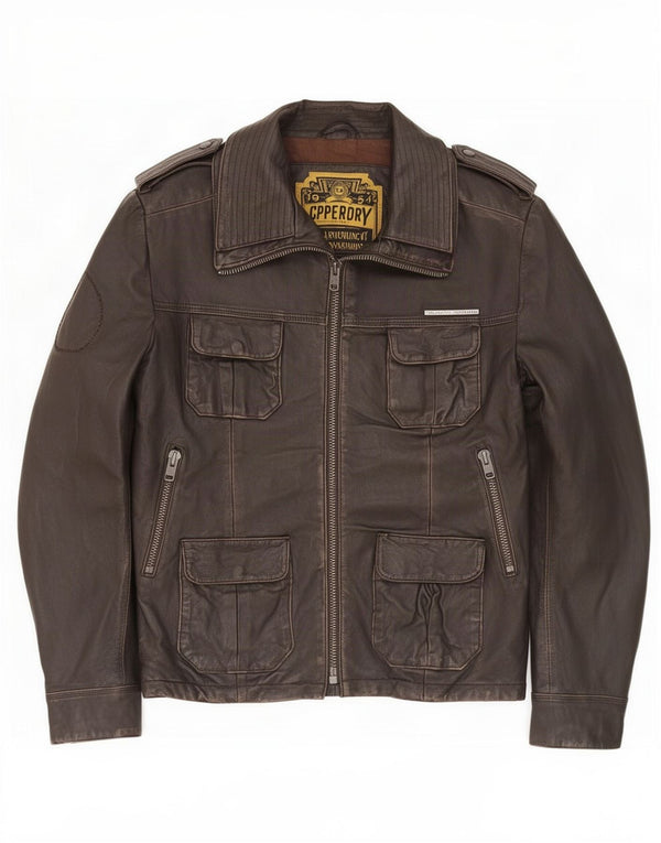 Superdry Mens Military Leather Jacket UK 40 Large Brown