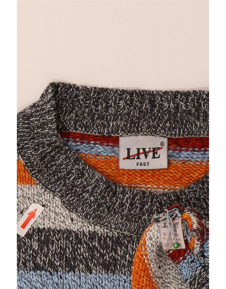 Vintage Mens Crew Neck Jumper Sweater Large Multicoloured Striped Wool