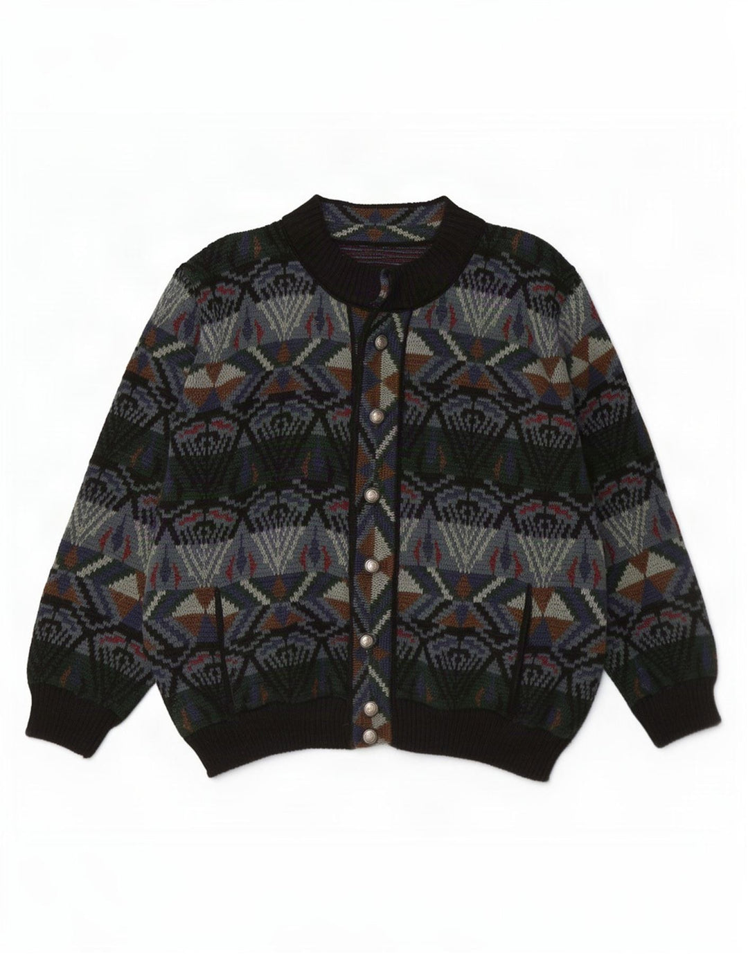Vintage Mens Cardigan Sweater Large Green Geometric Acrylic
