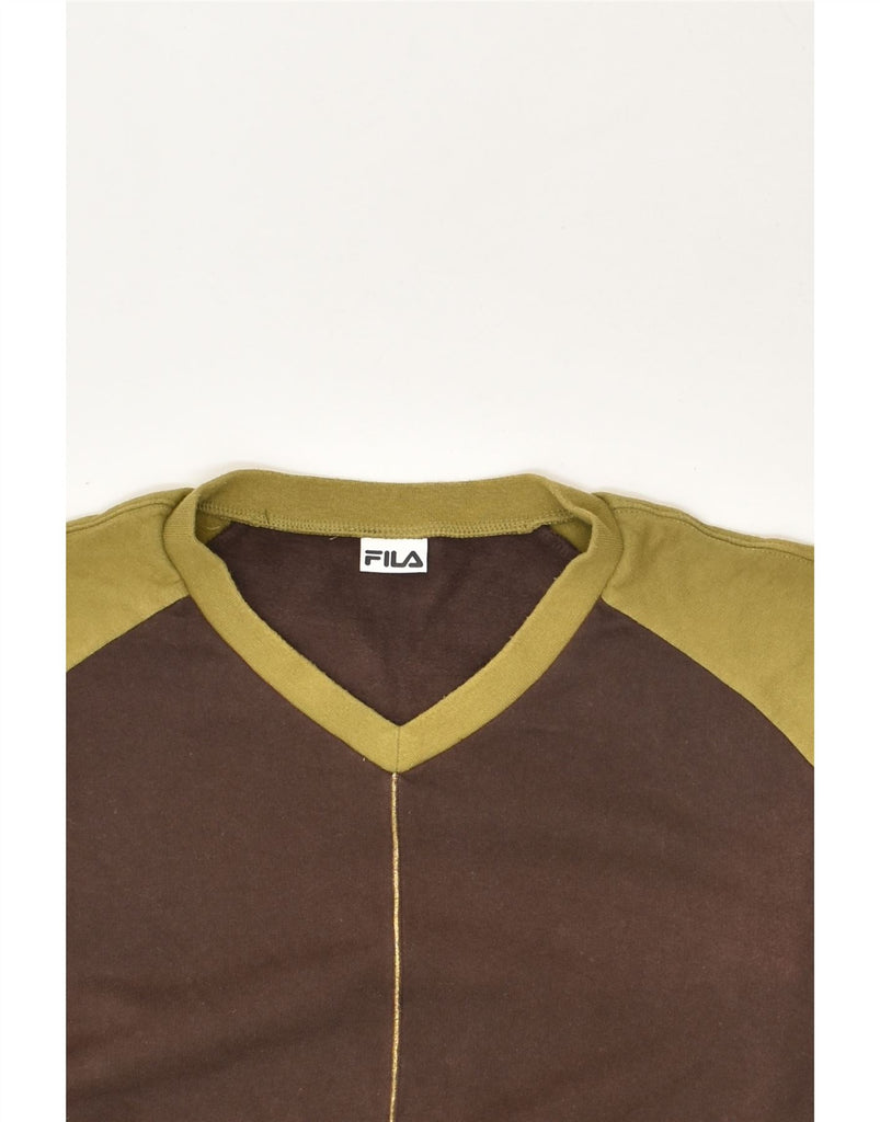 FILA Womens Loose Fit Top Long Sleeve UK 14 Medium Brown Colourblock | Vintage Fila | Thrift | Second-Hand Fila | Used Clothing | Messina Hembry 