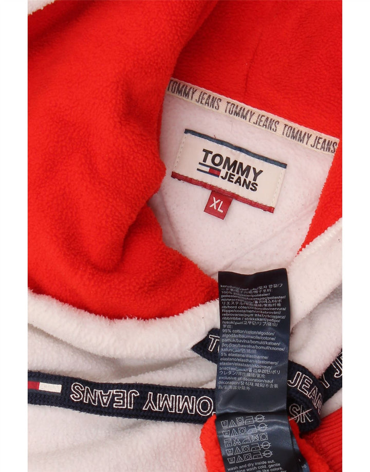 TOMMY HILFIGER Mens Hooded Fleece Jumper XL Red Colourblock Polyester