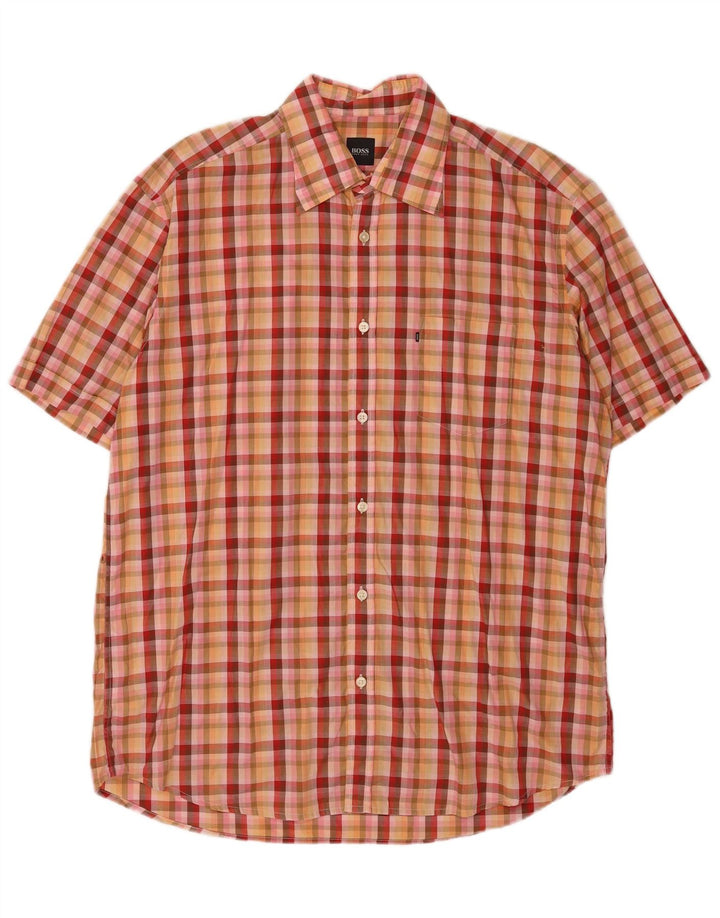 Hugo Boss Mens Short Sleeve Shirt Large Orange Check Cotton