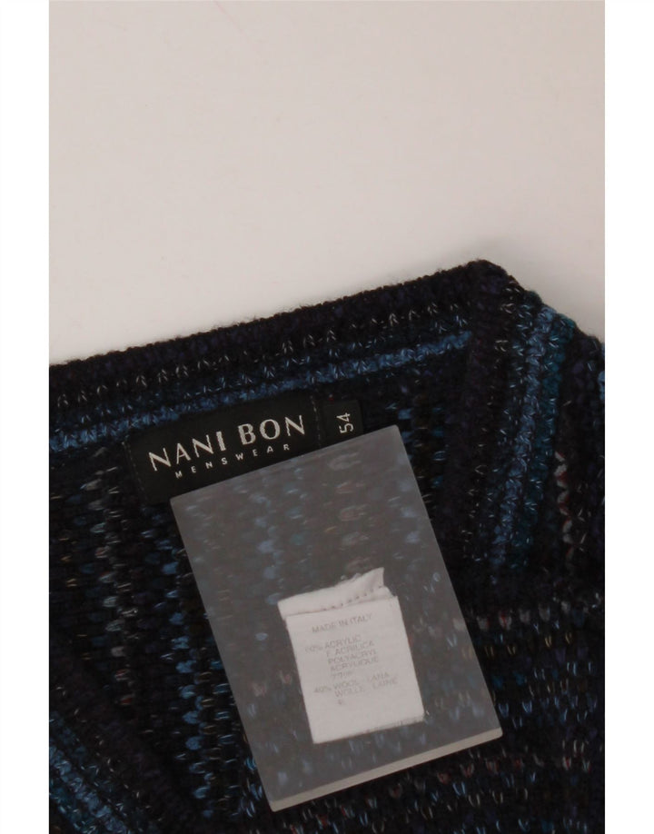 NANI BON Mens V-Neck Jumper Sweater IT 54 XL Navy Blue Striped Acrylic