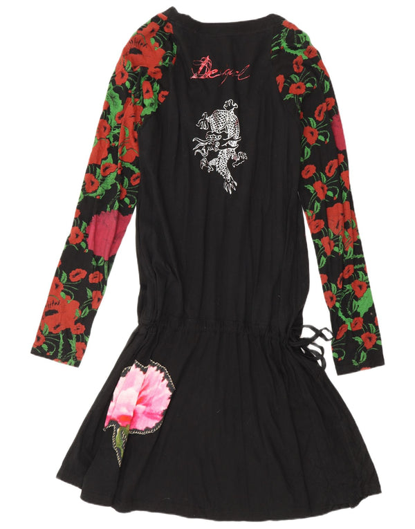 Desigual Womens Drop Waist Dress UK 18 XL Black Floral Cotton