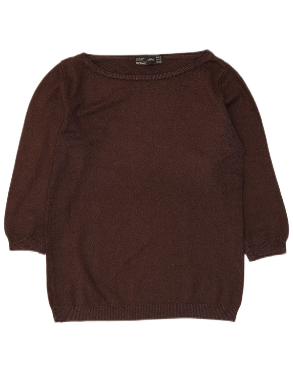 Zara Womens 3/4 Sleeve Boat Neck Jumper Sweater UK 14 Large Brown Acrylic