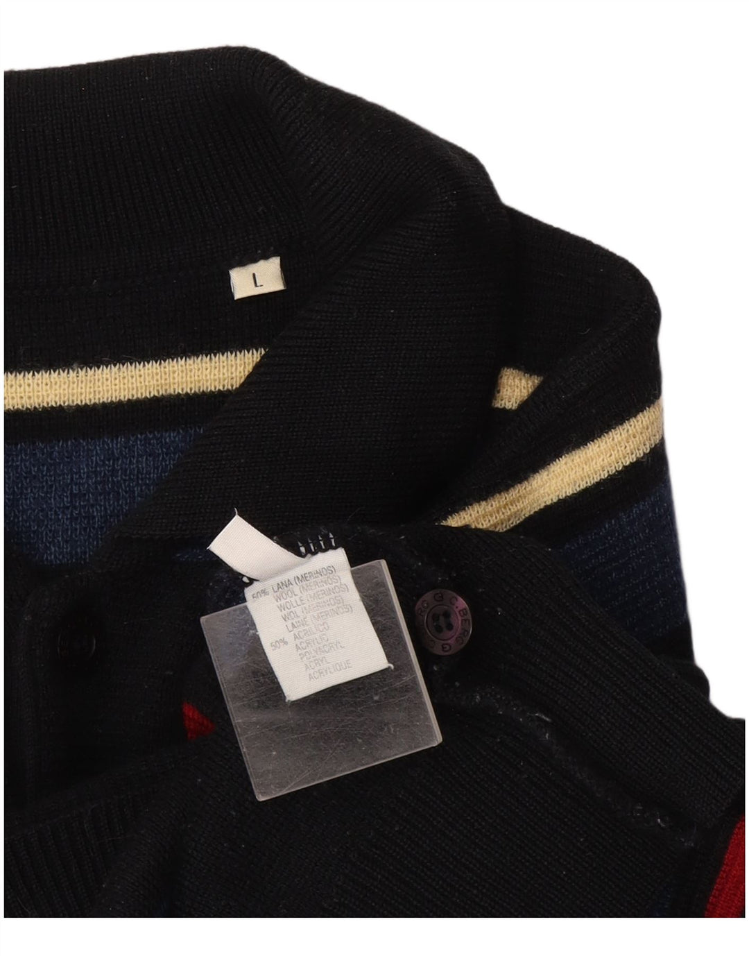 Vintage Mens Polo Neck Jumper Sweater Large Black Striped Wool