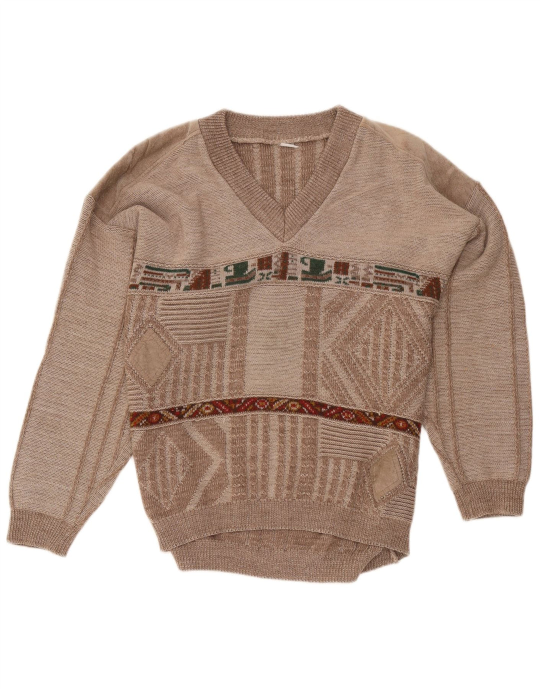 VINTAGE Mens V-Neck Jumper Sweater Medium Brown Geometric