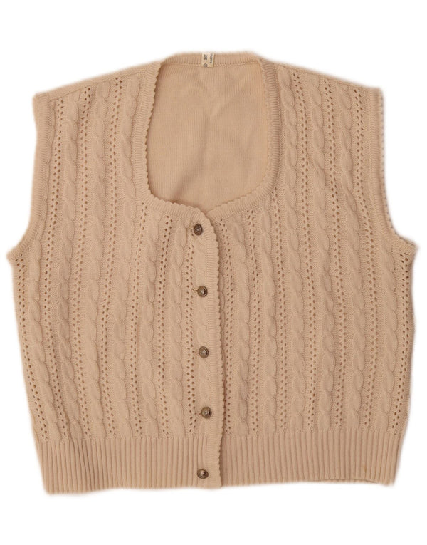 Vintage Womens Sleeveless Cardigan Sweater UK 16 Large Beige Polyacrylic