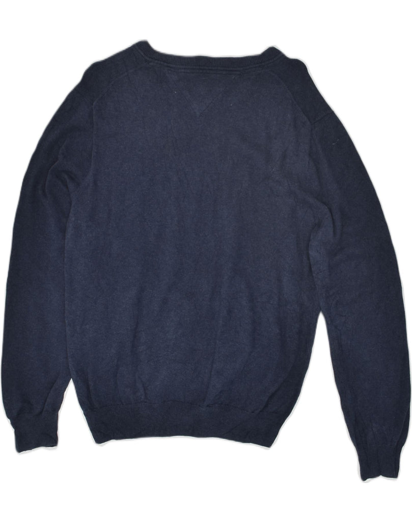 TOMMY HILFIGER Mens V-Neck Jumper Sweater Medium Navy Blue Cotton | Vintage Tommy Hilfiger | Thrift | Second-Hand Tommy Hilfiger | Used Clothing | Messina Hembry 