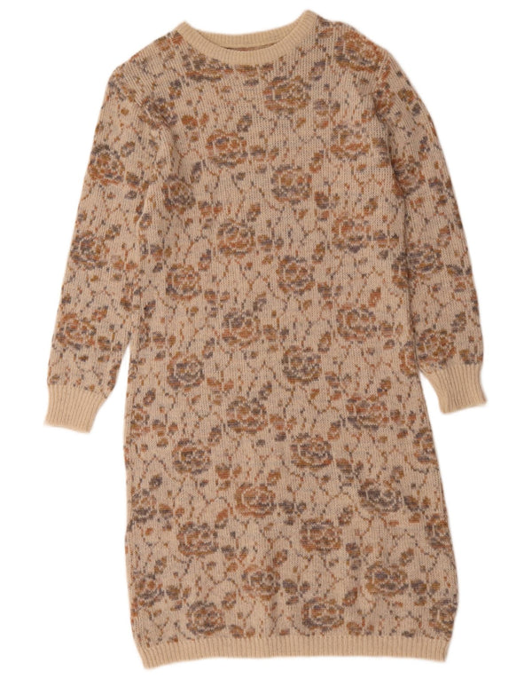 Vintage Womens Jumper Dress UK 12 Medium Beige Floral