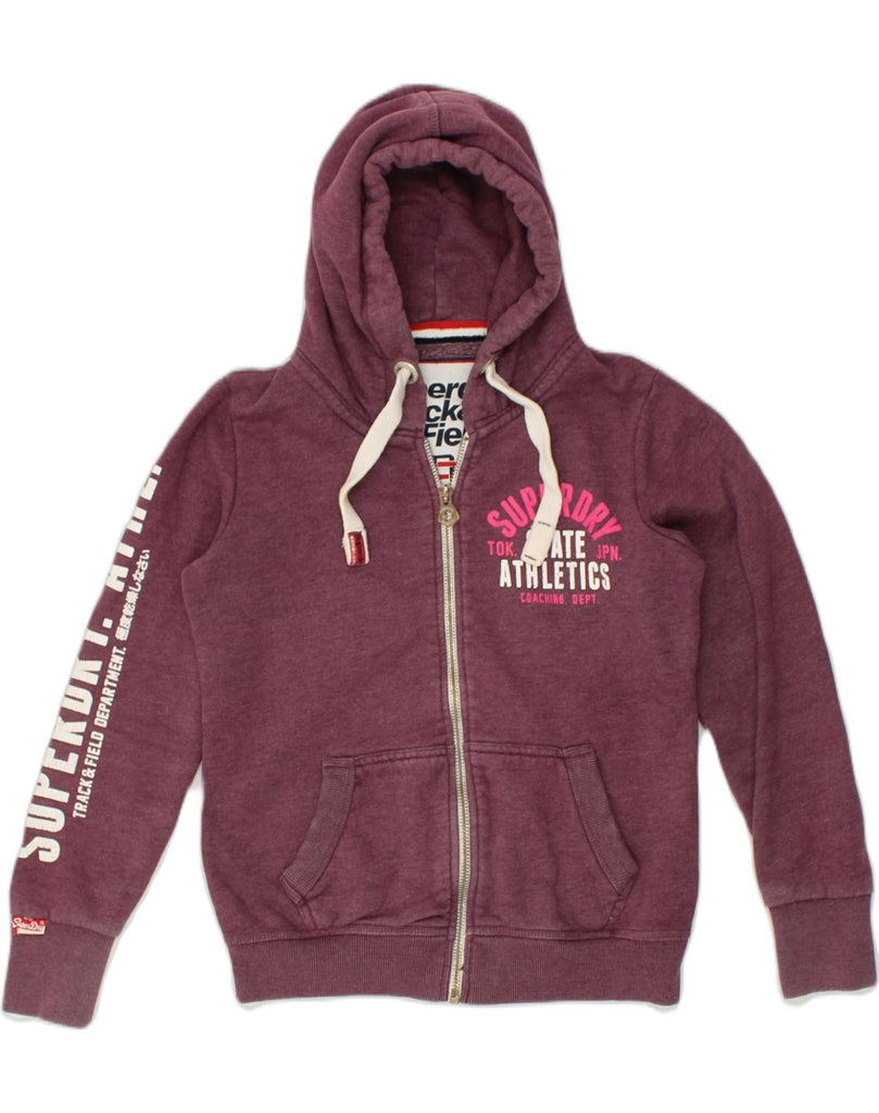 SUPERDRY Womens Graphic Zip Hoodie Sweater UK 14 Medium Burgundy Cotton | Vintage Superdry | Thrift | Second-Hand Superdry | Used Clothing | Messina Hembry 