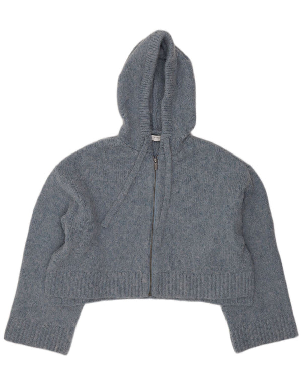 Zara Womens Oversized Crop Hooded Cardigan Sweater UK 10 Small Blue Acrylic