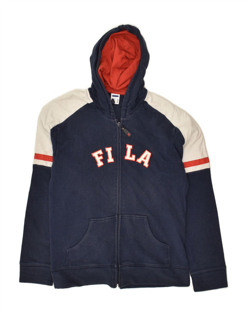 FILA Mens Graphic Zip Hoodie Sweater IT 50 Medium Navy Blue Colourblock | Vintage Fila | Thrift | Second-Hand Fila | Used Clothing | Messina Hembry 