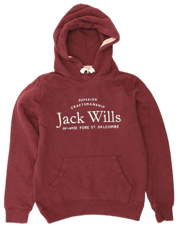 JACK WILLS Womens Graphic Hoodie Jumper UK 8 Small Burgundy Cotton