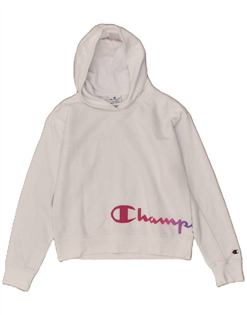 CHAMPION Girls Graphic Hoodie Jumper 13-14 Years XL White Cotton | Vintage Champion | Thrift | Second-Hand Champion | Used Clothing | Messina Hembry 