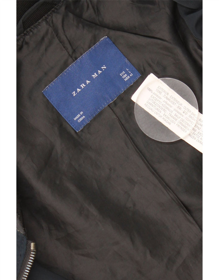 Zara Mens Bomber Jacket UK 40 Large Navy Blue Polyester
