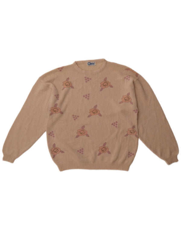 Vintage Womens Crew Neck Jumper Sweater UK 14 Medium Beige Floral Cotton