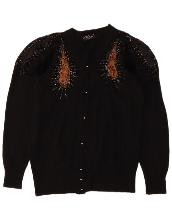 Vintage Womens Graphic Cardigan Sweater UK 16 Large Black Paisley Wool