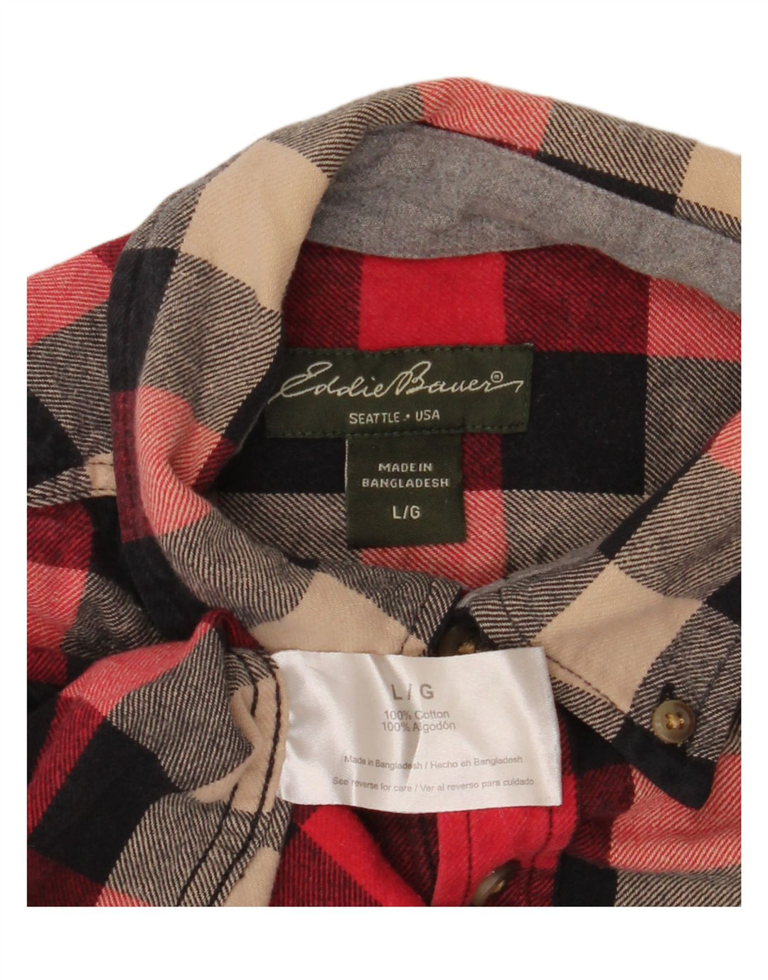 EDDIE BAUER Mens Flannel Shirt Large Red Check Cotton