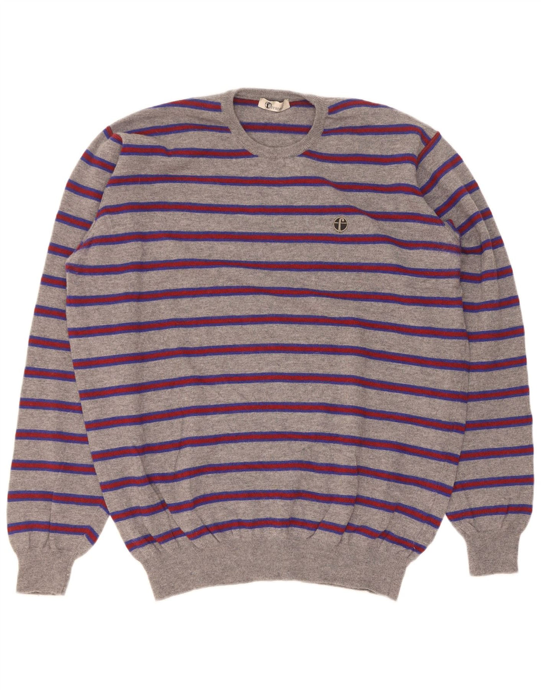 Ferrante Mens Crew Neck Jumper Sweater Size 60 3XL Grey Striped Merino Wool