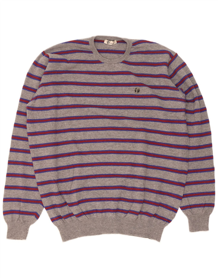 Ferrante Mens Crew Neck Jumper Sweater Size 60 3XL Grey Striped Merino Wool