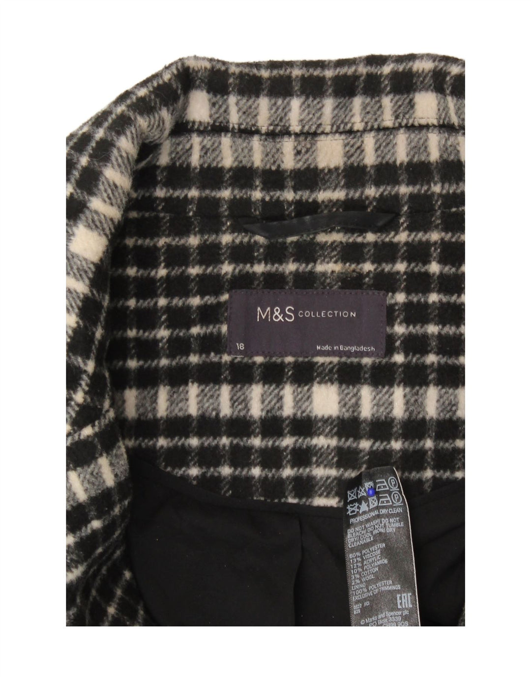Marks & Spencer Womens Loose Fit Overcoat UK 18 XL Black Check Polyester