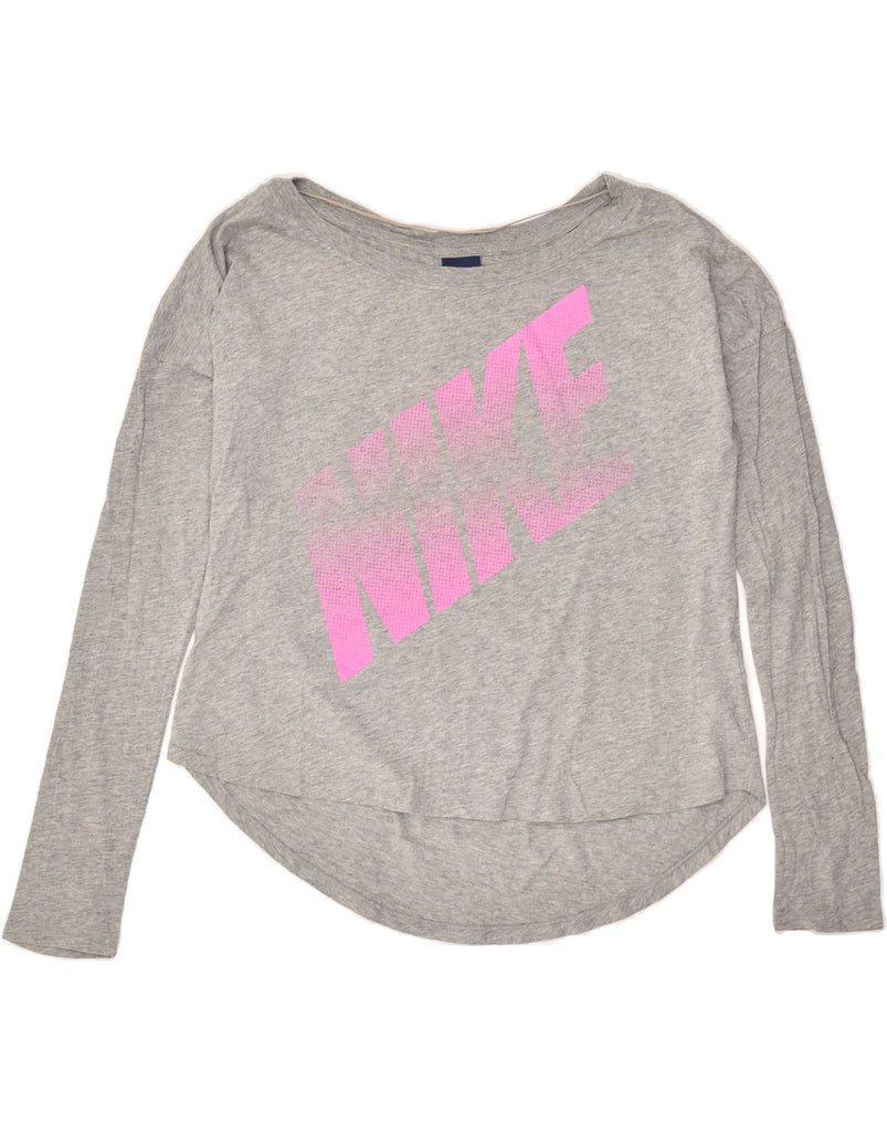 NIKE Womens Graphic Top Long Sleeve UK 10 Small Grey Cotton | Vintage Nike | Thrift | Second-Hand Nike | Used Clothing | Messina Hembry 